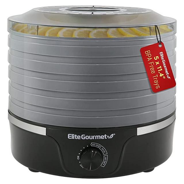 Elite Gourmet EFD319BNG Food Dehydrator, 5 BPA-Free 11.4" Trays Adjustable Temperature Controls, Jerky, Herbs, Fruit, Veggies, Dried Snacks, Black and Grey
