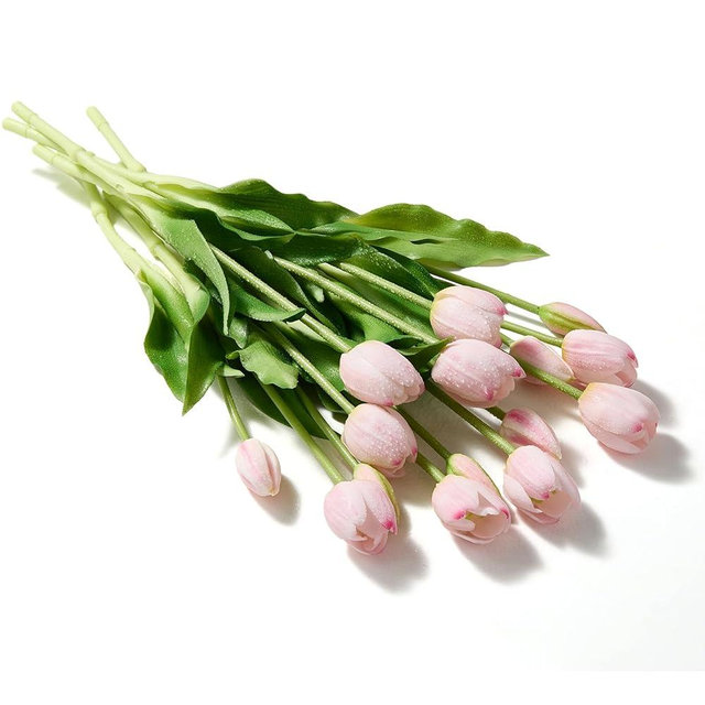 Pmyra 15Pcs Fake Tulips Artificial Flowers Real Touch Latex Bouquet Faux Tulips for Centerpiece Arrangements Wedding Party Home Décor (Light Pink)