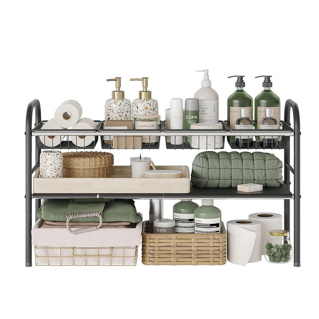 NETEL Under Sink Organizers, 2 Tier Expandable Cabinet Shelf with 4 Baskets and 4 Panels,Cupboard Organizers and Storage, Expandable Shelf for Kitchen