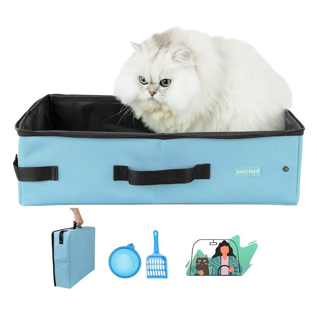Portable Cat Travel Litter Box with Leak-Proof Zipped Lid to Keep Odor and Litter Contained. Lightweight to Carry Around (Blue, Large)