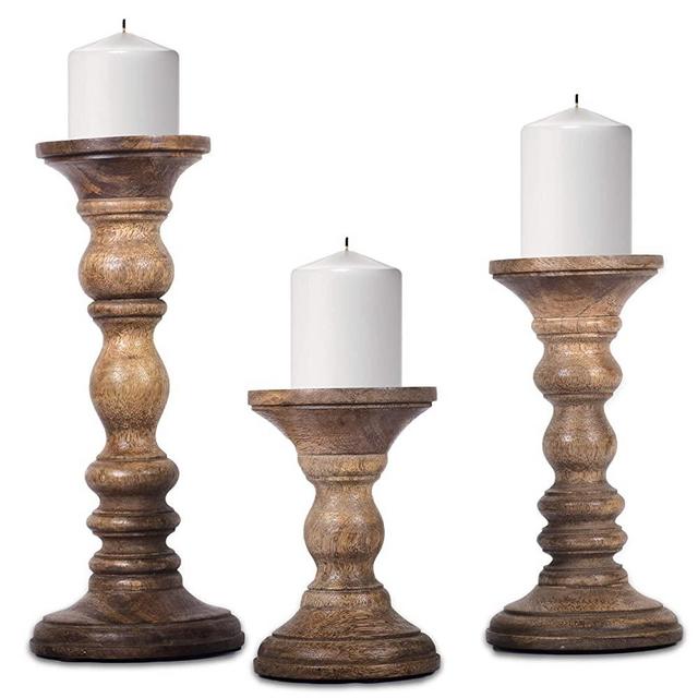 Rustic Wood Candle Holders, Set of 3 – Hand Carved Decorative Candle Holders for Living Room, Table Centerpiece, ATOP a Mantle – Natural Mango Wood Candle Holders Medium Polish Finish - 6", 9", 12"