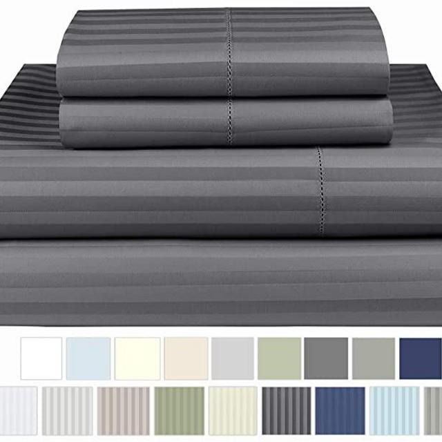Threadmill Home Linen 600 Thread Count 100% Cotton Sheets, 1CM Damask Dark Grey King Size Sheets 4 Piece ELS Cotton Bed Sheets Set,Soft & Silky Sateen Weave Fits Mattress Up to 18'' Deep Pocket