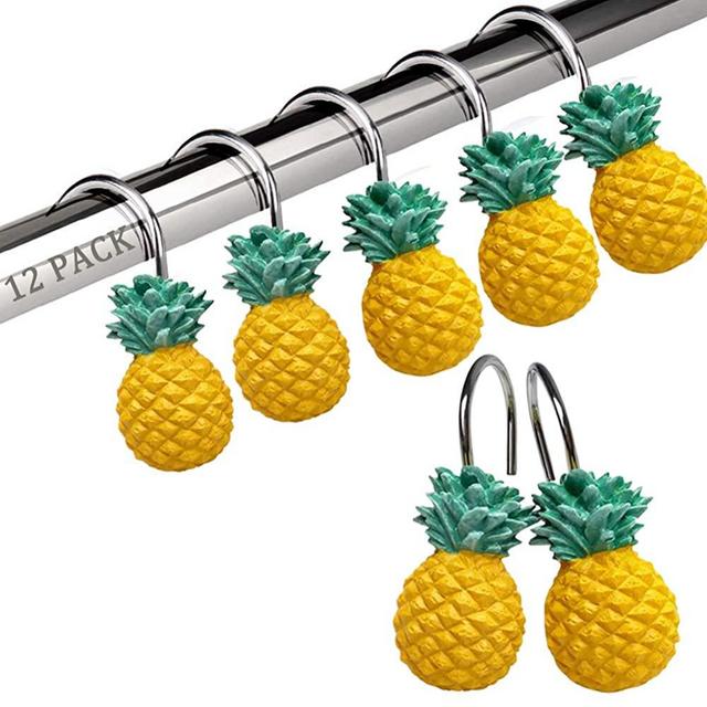 Chictie Yellow Pineapple Shower Curtain Hooks Set of 12,Cute Fruit Design Stainless Steel Shower Hooks Decorative Hanger Rings Rust Resistant for Bathroom Kids Room Fashion Home Decor