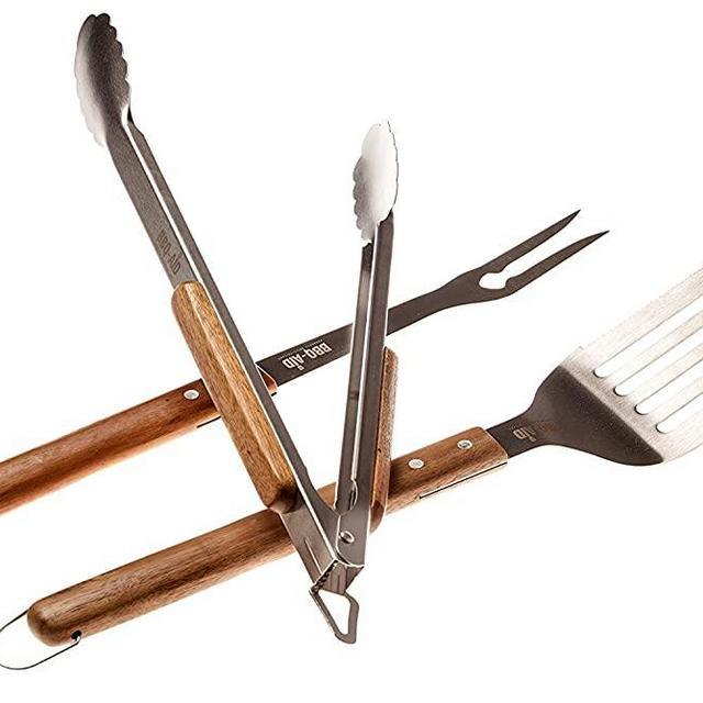 BBQ-Aid 3 Piece Grill Set BBQ Accessories - Tongs, Spatula & Fork Utensils - Heavy Duty Stainless Steel Barbecue Grilling Accessories & Tools with Solid Wood Handles