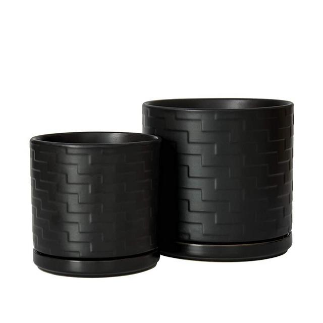 Set of 2 Ceramic Planter Pot with Drainage Hole & Saucers, 6 Inch & 8 Inch, Round Pot for Plants, Matte Black, 95-C-2