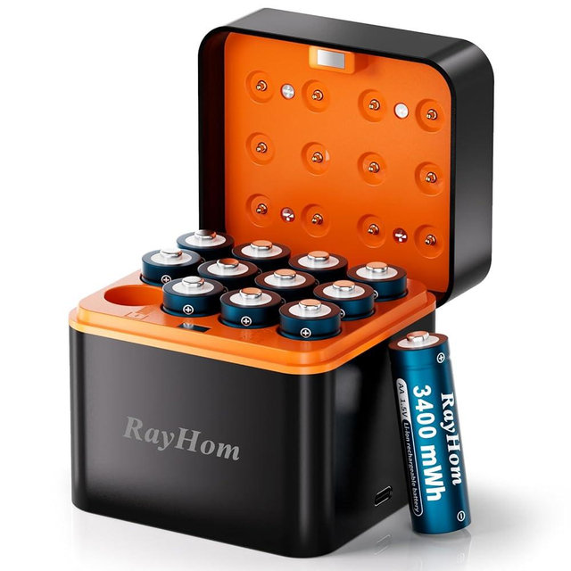 RayHom 12-Pack Rechargeable Lithium aa Batteries with Charger, 1.5V Constant Output, 3400mWh High Capacity, 12-Slot Double A Li-ion Charger with Smart Charging, Multiple Charging Protections