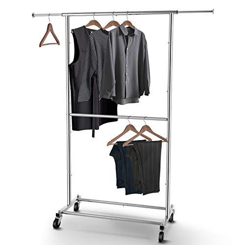 Simple Trending Double Rod Clothing Garment Rack, Rolling Clothes Organizer on Wheels for Hanging Clothes, Chrome
