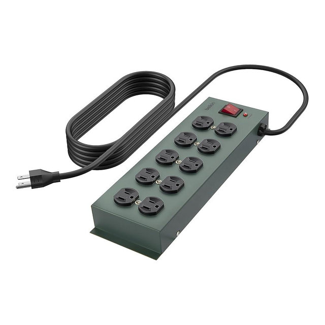 Belkin Power Strip Surge Protector - 10 AC Outlets, 15ft Heavy Duty Metal Extension Cord with Wall Mount Holes for Home, Office, Travel, Computer Desktop, Laptop & Phone Charging Brick