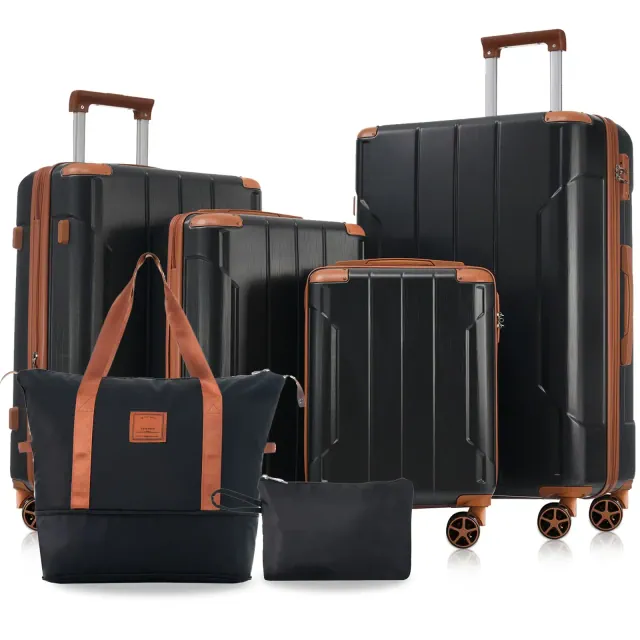 Polibi Luggage Set 6-Piece with 16 Inch, 20 Inch,24 Inch, 28 Inch Suitcases and a Duffel Bag, a Toiletry Bag, Black Brown