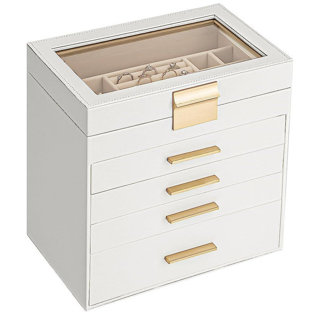 Somduy Jewelry Box, 5 Layers Jewelry Storage Display Box with Glass Lid for Women, 4 Drawers,Large Capacity for Necklace Earrings Bracelets Rings,White