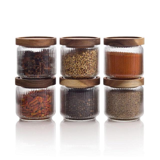 Mason & Fable 12oz, 350ml Glass Food Storage Jars with Wood Lids (6pcs) - Stylish Ribbed Pattern for Kitchen Organization and Storage Containers for Spice, Tea, Coffee/Sugar