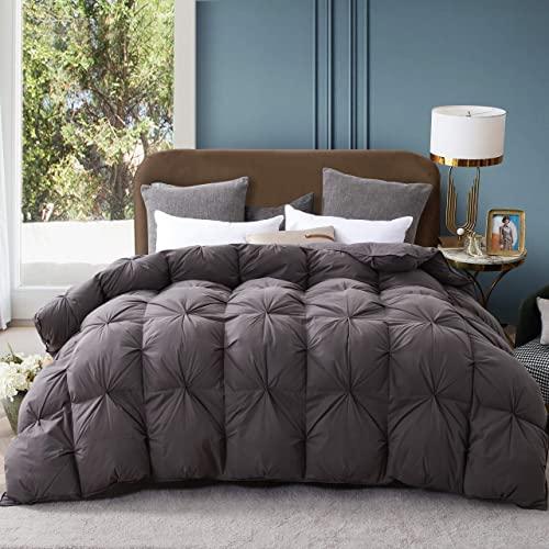 Alanzimo Goose Down Comforter King Size - All Season - Luxury 100% Cotton Hypoallergenic 1200 Thread Count 750 Fill Power with Tabs Gray (King-106x90inches, Grey- Pinch Pleat Design)