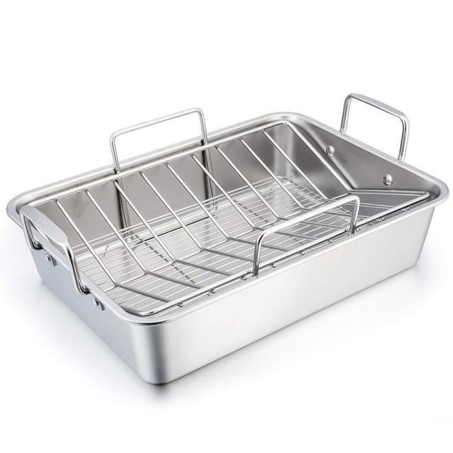 TeamFar Roasting Pan, 15 Inch Large Turkey Roaster Lasagna Pan with V Rack Cooling Rack Set Stainless Steel For Thanksgiving Christmas, Healthy Heavy Duty, Deep Side Dishwasher Safe - 3 PCS