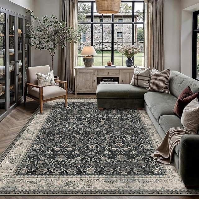 HUGEAR 8x10 Machine Washable Rugs Black Beige Hallway Large Area Rug Indoor Accent Rug Floral Low Pile Carpet Soft Throw Aesthetic Rug Bedroom Living Room Office Dining Room Laundry Room