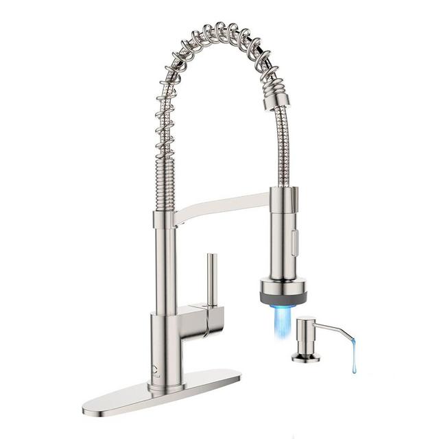 Casavilla Kitchen Faucet with Soap Dispenser, LED Kitchen Faucet, Faucet for Kitchen Sink, Single Handle Stainless Steel Camper Farmhouse RV Sink Faucets with Pull Down Sprayer, Nickel Brushed