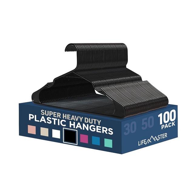 Lifemaster Plastic Clothes Hanger Set - 100 Pieces Versatile, Lightweight, Space-Saving, Non-Slip, Slim Designed, Dry and Wet Clothes Hanger Set - Black