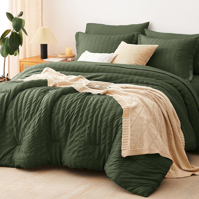 CozyLux California King Comforter Set with Sheets 7 Pieces, Olive Green Seersucker Bed in a Bag Cal King Luxury Bedding Sets with Down Alternative Comforter, Sheets, Pillowcases & Shams All Seasons