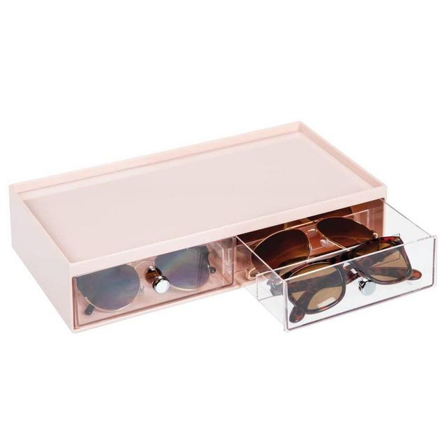 mDesign Plastic Rectangular Portable Stackable Eye Glass Organizer, Sunglass Storage Case; Hard Protective Bin for Reading Glasses, Eye Wear, Accessories - 6 Sections, 2 Drawers - Light Pink/Clear