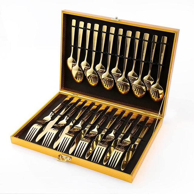 Gold Silverware Set, OGORI 30-Pieces Gold Forged Stainless Steel Flatware Set Square Handle, Service for 6