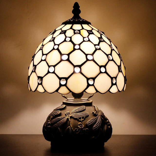 Small Tiffany Lamp Mini Stained Glass Table Lamp Cream Pearl Beads Style Mushroom Desk Light Memory Sympathy Lamp 8X11 Inch