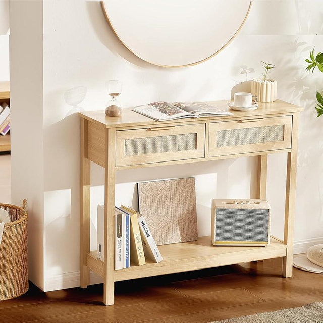 VEVOR Rattan Console Table with 2 Storage Drawers, Rattan Entryway Table with Natural Rattan Sliding Door, Console Sofa Table for Living Room, Study, Entryway Or TV Wall, Natural