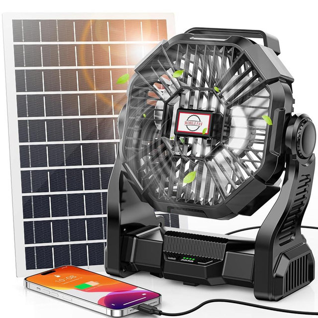 20000mAh Solar Fan with LED Lantern, 10W Solar Panel Rechargeable Battery Powered Camping Fan for Outside, 9 Inch Portable Battery Operated Power Bank for Picnic, Barbecue, Fishing, Travel