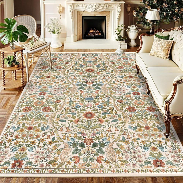 5×7 Area Rugs Beige Washable Floral Rug,Vintage Boho Soft Low-Pile Living Room Rugs, Stain Resistant Botanical Non-Slip Carpet for Girls Bedroom,Dining Room,Kids Nursery,Home Decor