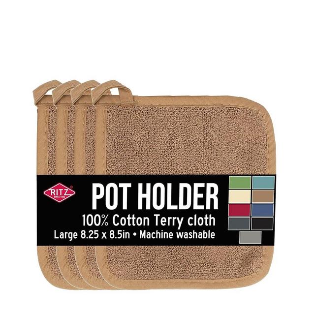 Ritz Terry Potholder & Hot Pad: Unparalleled Heat Resistant, Durable 100% Cotton – Ergonomically Designed for Optimal Grip – Easy-Care Machine Washable, Perfect for Your Kitchen – Mocha Brown, 4-Pk