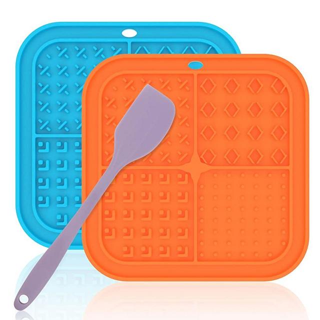 PatiencET Lick Mat for Small Dogs and Cats 2 Pack, Dog Peanut Butter Lick Pads with Suction Cups for Slow Feeder, Anxiety Relief (Blue & Orange)