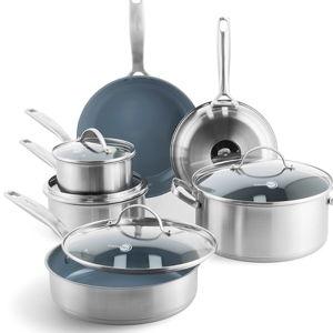 GreenPan Treviso 10 Piece Cookware Set, Non-Toxic PFAS-Free Stainless Steel Ceramic Nonstick Coating, Induction Suitable, Pots, Pans Lids, Sauté & Saucepans, Multi Clad, Dishwasher & Oven Safe