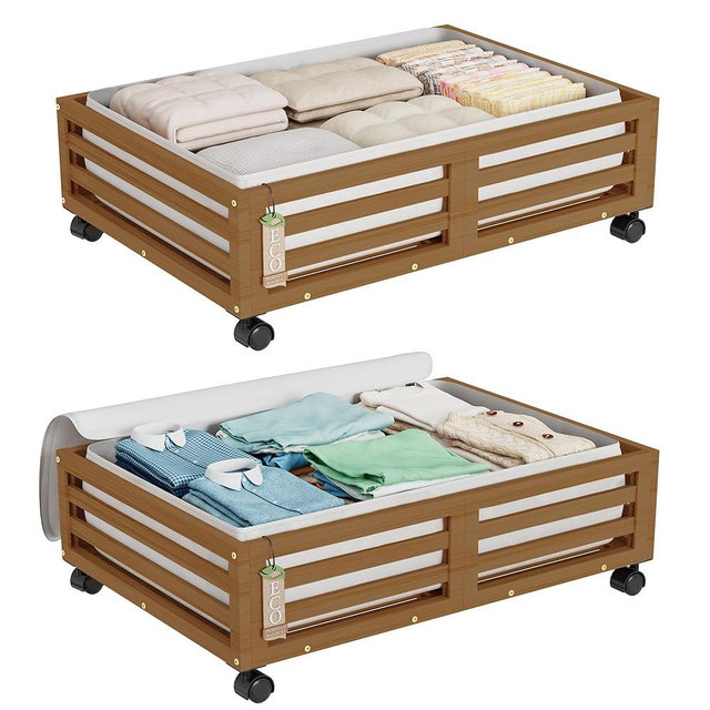 Bamboo Under Bed Storage Containers- Underbed Organizer with Wheels with Large Dust Bag,Sturdy Wood Rolling Under the Bed Shoe Storage Organizer Drawer 2 Packs (Walnut, Small)