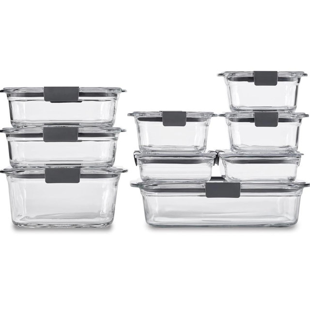 Rubbermaid Brilliance Glass Food Storage Containers, Assorted Sizes, Set of 9, BPA-Free, Leak-Proof, Clear