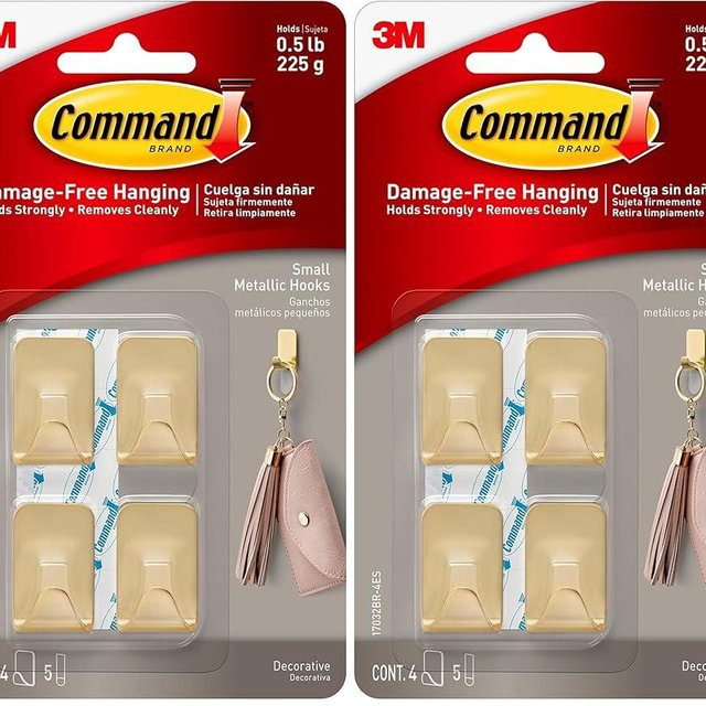 Command Small Metallic Wall Hooks, Total 16 Hooks with 20 Strips (8-Pack of 4 Hooks), Holds up to 0.5 lb, Brass Color, Removable Self Adhesive Hooks, Great for Wall Décor