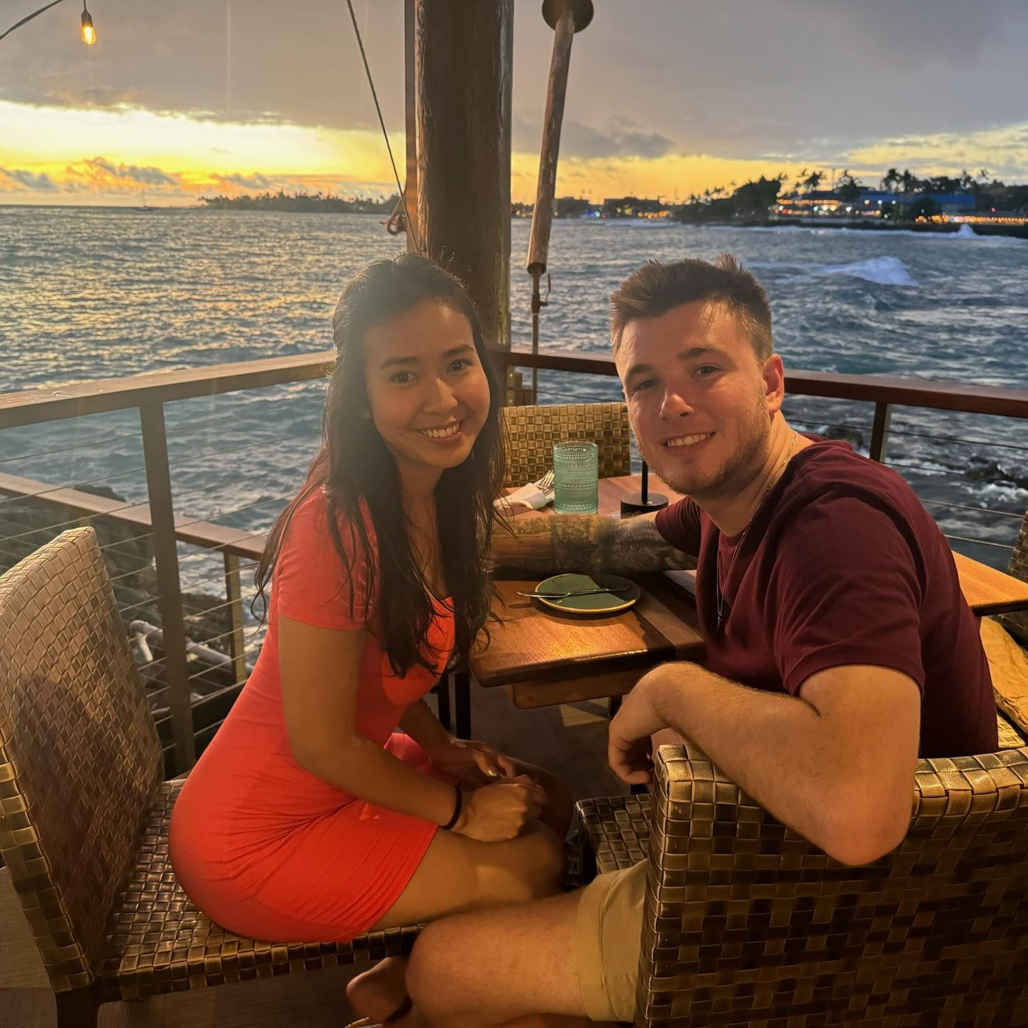 Celebrating our first time in Kailua-Kona, HI together with a gorgeous view at the restaurant