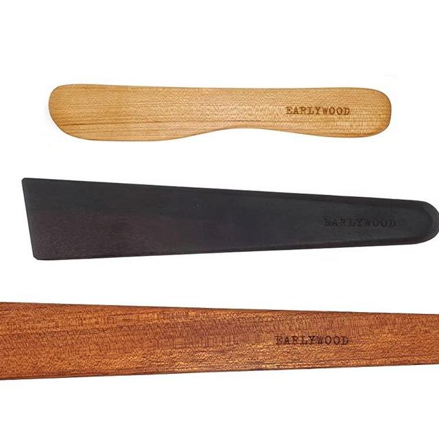 3-Piece Wooden Kitchen Cooking Utensil Set - Comes w/a Thin Wood Spatula Flipper, Wooden Cast Iron Scraper Stirrer and Butter Turner/Cheese Spreader - Wooden Utensils Set - Made in USA-JEM