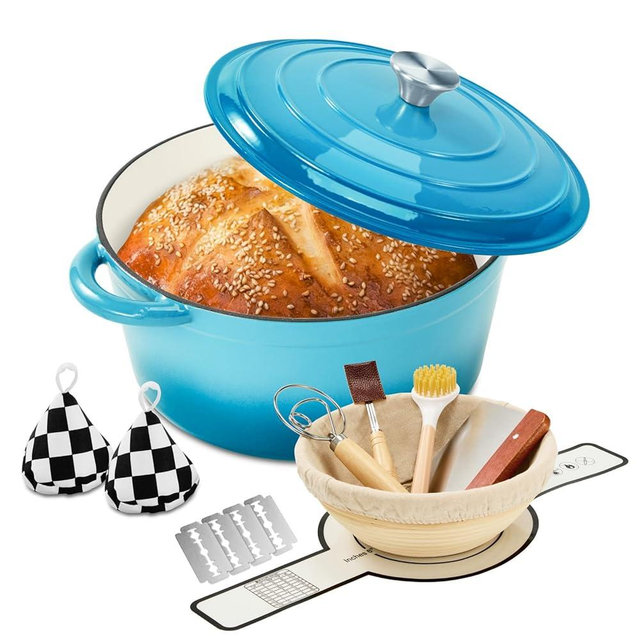 Blingco Enameled Cast Iron Dutch Oven with Lid -6.5 QT, incl. Sourdough Bread-Baking Supplies like Banneton Proofing Basket, Heavy Duty Cookware Bread-Oven for Baking, Stews, and Roasting, Sea Blue