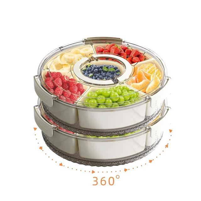 riyeloi Divided Serving Tray with Lid and Handle, Stackable Snackle Box Container for Fruits Candy Organizer, Portable Spinning Rounded Veggie Tray for Kitchen, Party, Trave and Picnic-2 PACK