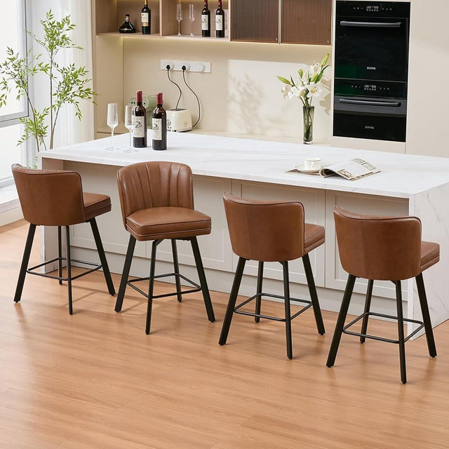 SAECKBERG Swivel Counter Height Bar Stools Set of 4, 26'' Modern Barstools with Backs and Metal Legs, Upholstered Bar Chairs, Faux Leather Dark Brown Stools for Kitchen Island Chairs