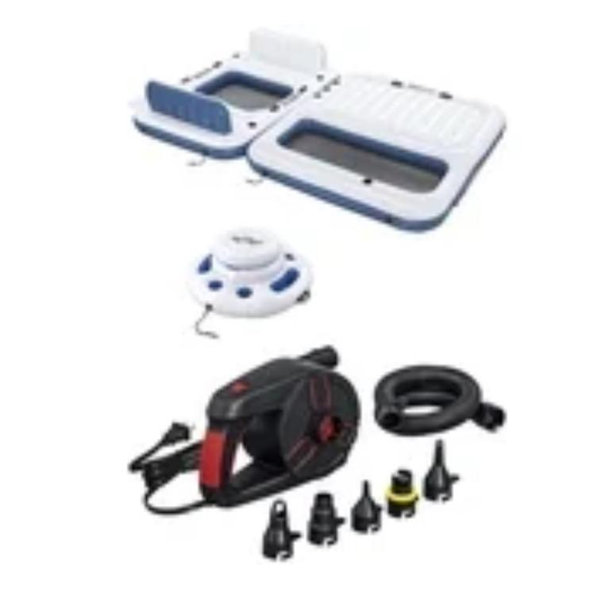 Hydro Force Bloc Party 8-Person Modular Inflatable Party Island and Floating Cooler + Ozark Trail AC Pump