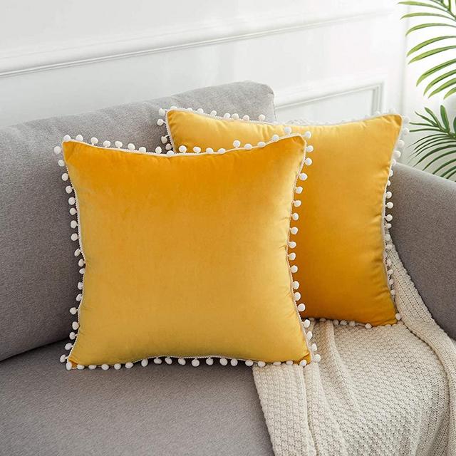 WLNUI Set of 2 Soft Velvet Mustard Yellow Pillow Covers 18x18 Inch Square Decorative Cute Pom Poms Throw Pillow Covers Cushion Case for Sofa Couch Home Farmhouse Decor