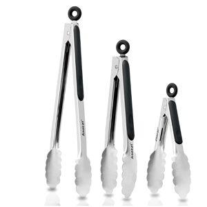 Anaeat Premium Kitchen Locking Tong Set of 3 - Heavy Duty Stainless Steel Food Tongs with Long Handle & Non-Slip Silicone Grip for Cooking, Baking, Grilling - Heat Resistant up to 480°F