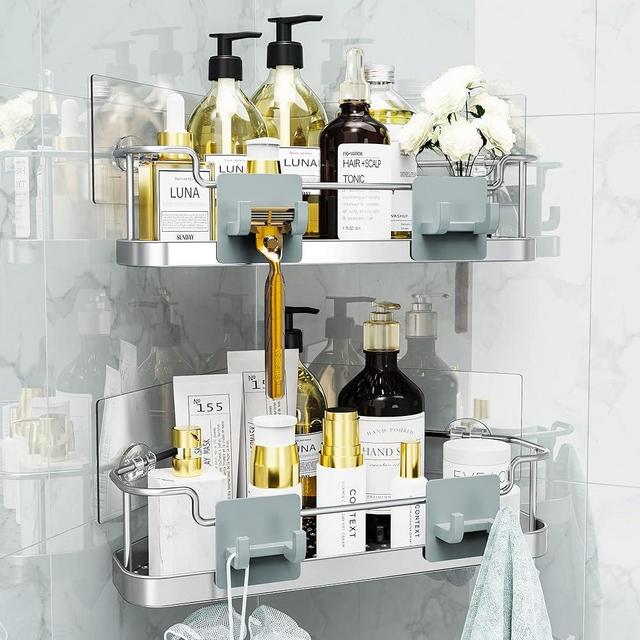 Orimade Corner Shower Caddy with 4 Hooks, Wall Mounted Shower Organizer Adhesive No Drilling, Shampoo Holder Rustproof for Bathroom, Toilet, Dorm and Kitchen 2 Tier Silver Gray, Only for 90-Degree