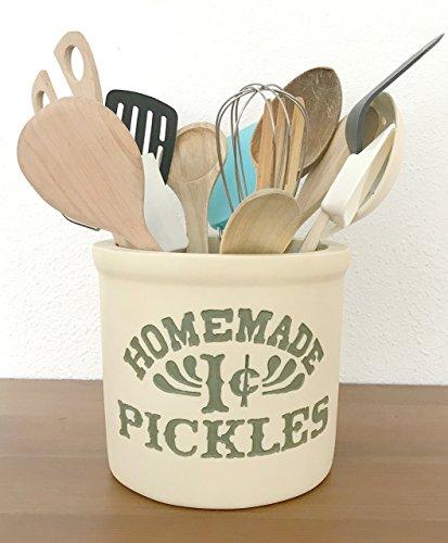 Pot in Monica’s kitchen. Big Utensils holder. 100% Handmade with Love by Fatima. Homemade 1 cent Pickles Jar.