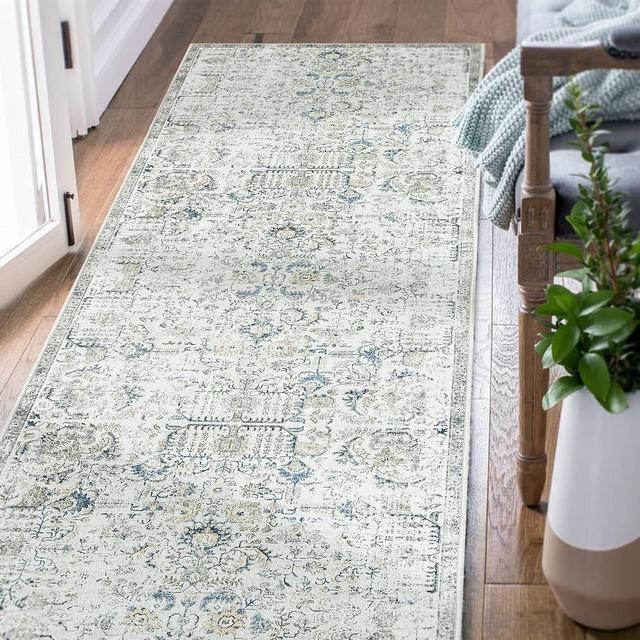 jinchan Runner Rug 2x6 Washable Rug Area Rug Vintage Hallway Indoor Floor Cover Thin Rug Retro Distressed Carpet Blue Multi Floral Country Accent Rug Non Slip Bathroom Kitchen Bedroom Living Room