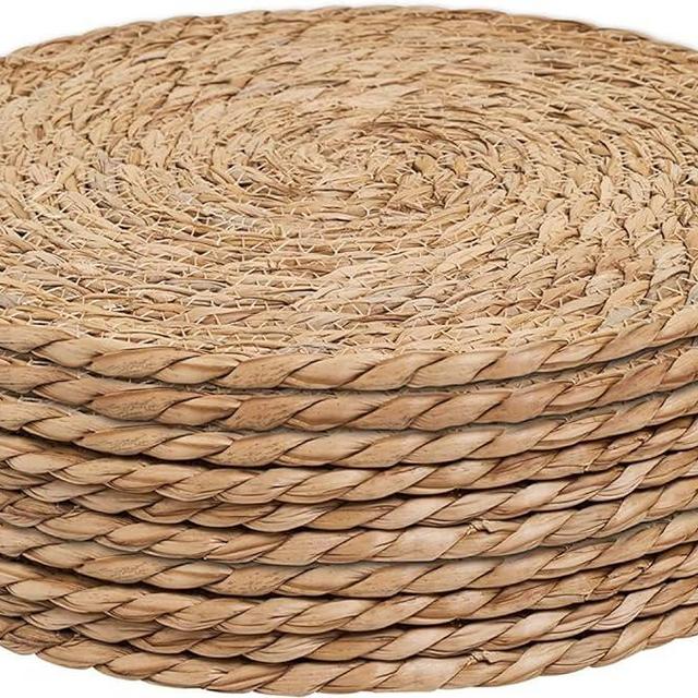 Defined Deco Woven Placemats Set of 10,13" Round Rattan Placemats,Natural Hand-Woven Water Hyacinth Placemats,Farmhouse Weave Place Mats,Rustic Braided Wicker Table Mats for Dining Table,Home,Wedding.