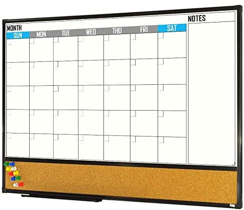 XBoard Dry Erase Calendar Whiteboard 24 X 18 - Combo White Board Calendar Monthly, Magnetic White Board + Corkboard with Black Aluminum Frame, 10 Colorful Push Pins & Marker Tray Included