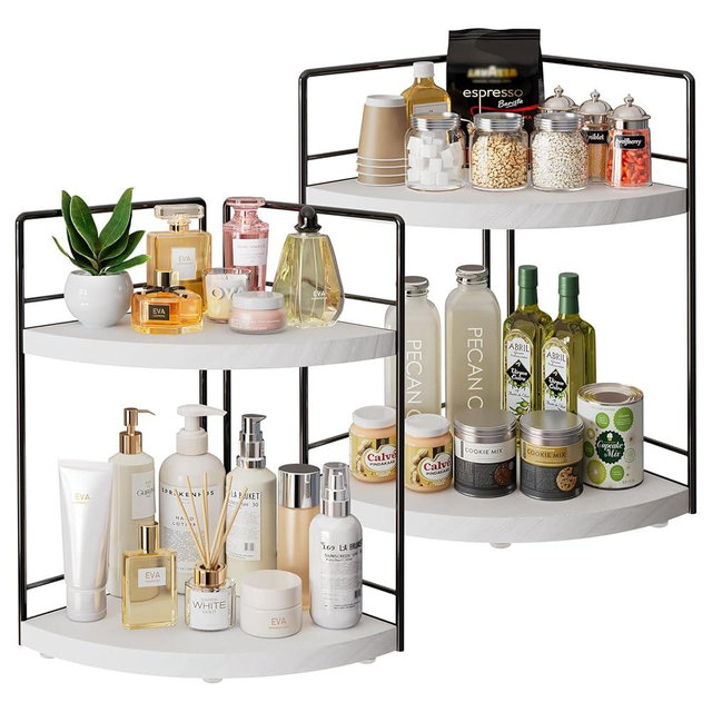 BSTSLL 2 Pack Bathroom Counter Organizer,2 Tier Corner Bathroom Counter Organizer, Wooden Vanity Organizer for Bathroom Organizers and Skincare Cosmetics Dresser Storage
