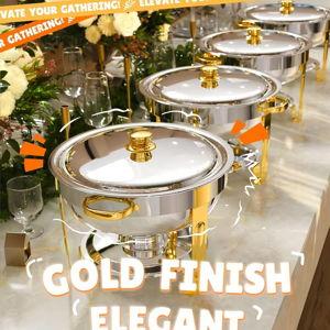 Chafing Dishes for Buffet 4 Pack, 6QT [Worry-Free Assemble] Food Warmers for Parties Buffet [Elegant Gold and Silver Colors] Stainless Steel Round Chafing Dish Buffet Set with Complete Set