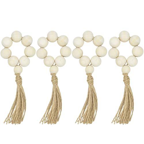 VOSAREA 4 pcs Wood Bead Napkin Rings with Tassels Rustic Farmhouse Wood Beads Garland Wall Hanging Decor Weddings Home Decor Table Decoration