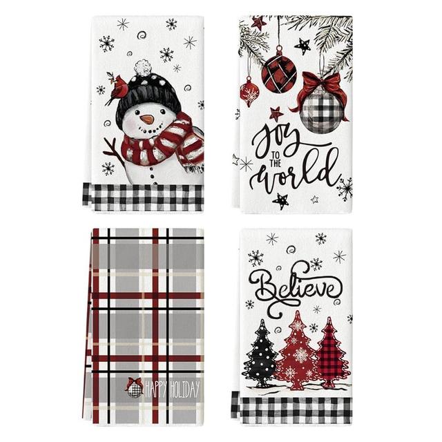 Artoid Mode Black Red Xmas Tree Snowman Christmas Kitchen Towels Dish Towels, 18x26 Inch Holiday Believe Bird Winter Decoration Hand Towels Set of 4
